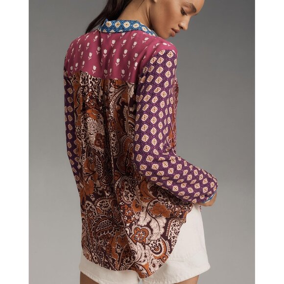 Anthropologie Maeve Paz Alida Contrast Buttondown Shirt Raspberry M Petite MP - Picture 2 of 12